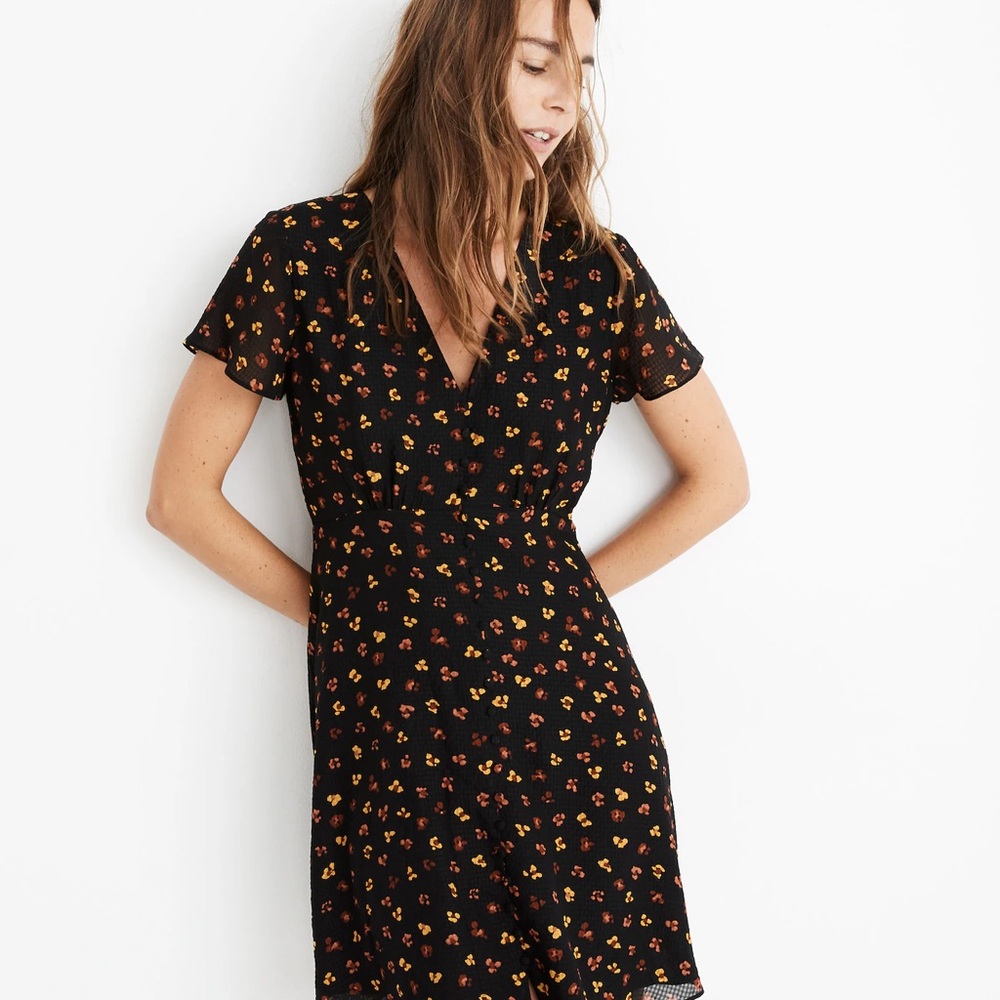 Madewell silk floral black dress with button front
